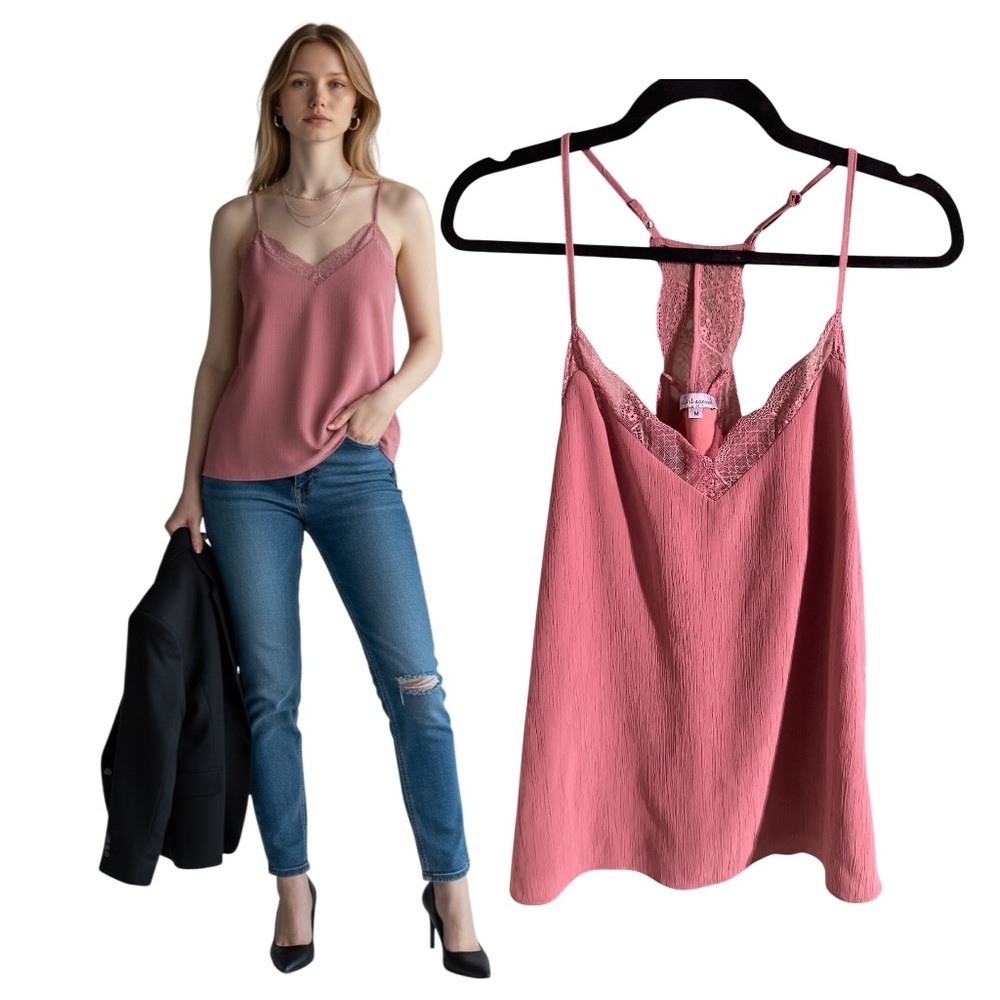 Y2K Pink Lace Trim Racerback Camisole Tank Top | Lace Back | Women’s Medium
